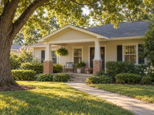 A modest home with a front porch and garden