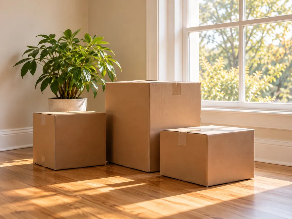 Moving boxes beside a bright window
